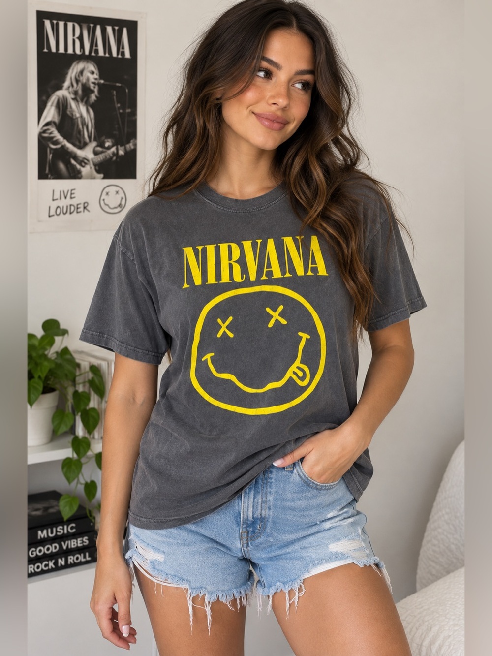 Nirvana Smiley Face Graphic Band T-Shirt Charcoal Gray Yellow Grunge Tee